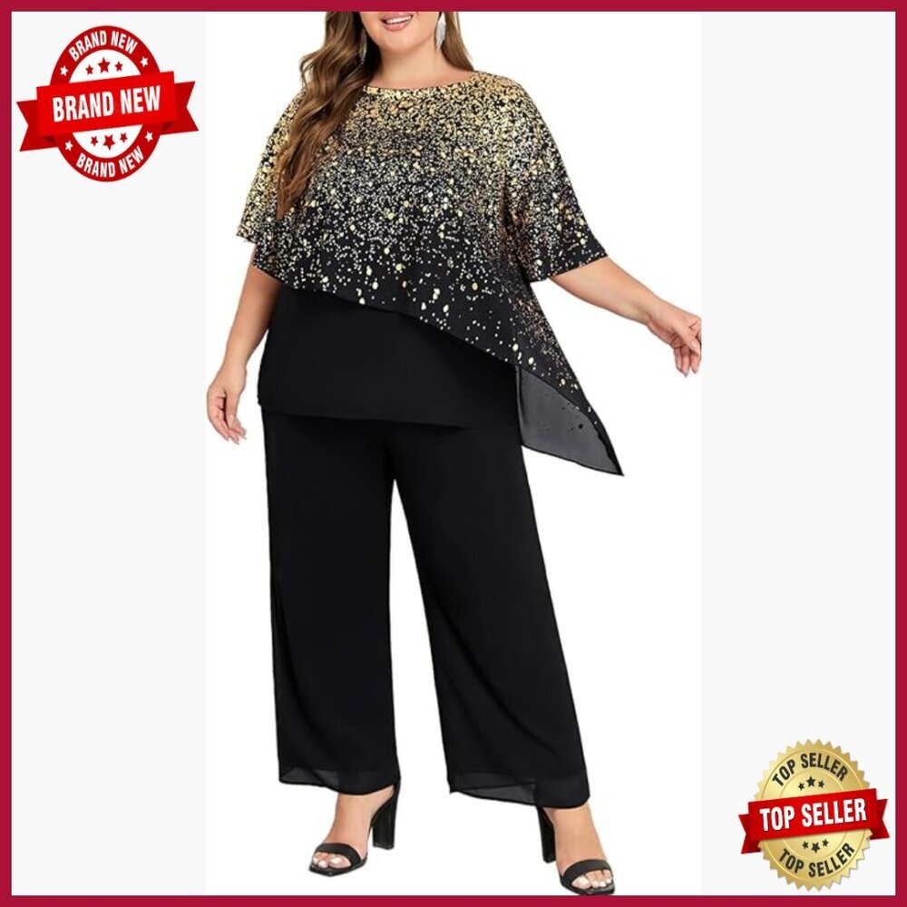 Plus Size Pant Suit Set with Ruffle Layers and Chiffon Sleeves